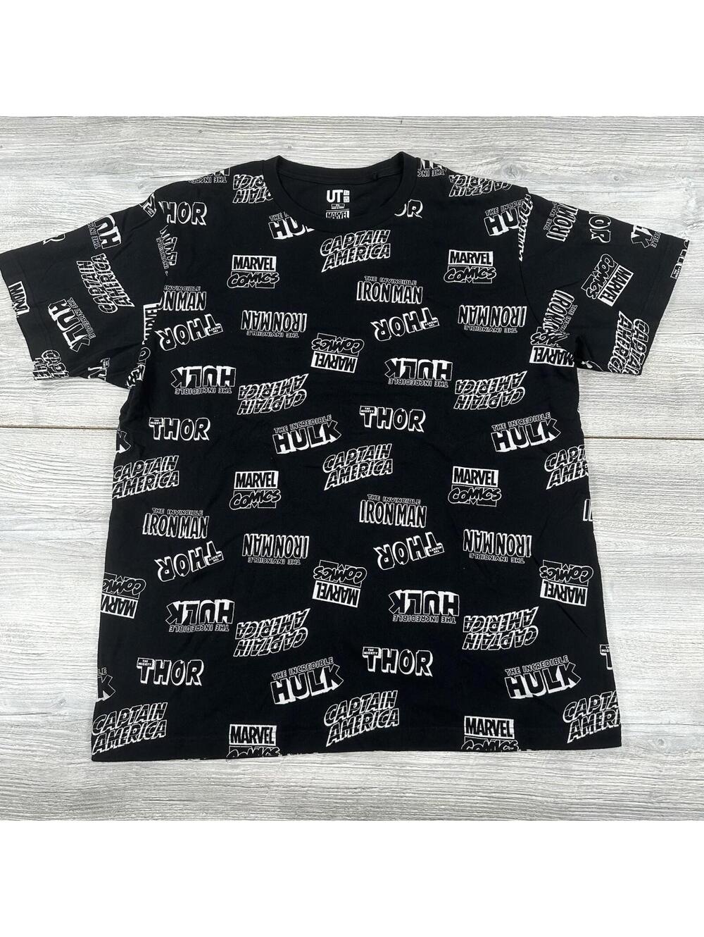Uniqlo x Marvel Shirt Mens XL Black Iron Man Thor Hulk America Panther All Over